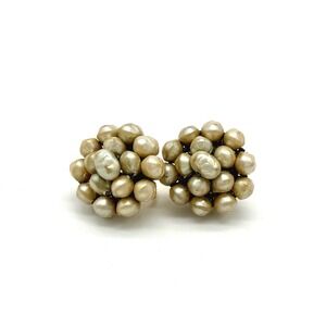 Vintage‎ Faux Pearl Cluster Earrings Gold Tone Clip On